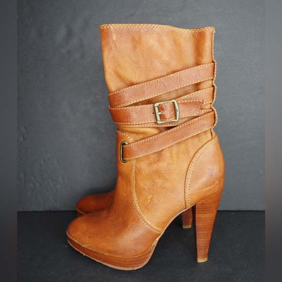 Frye Women's Size 6M Harlow Multi Strap Stiletto Boots Cognac All Leather - Picture 2 of 10